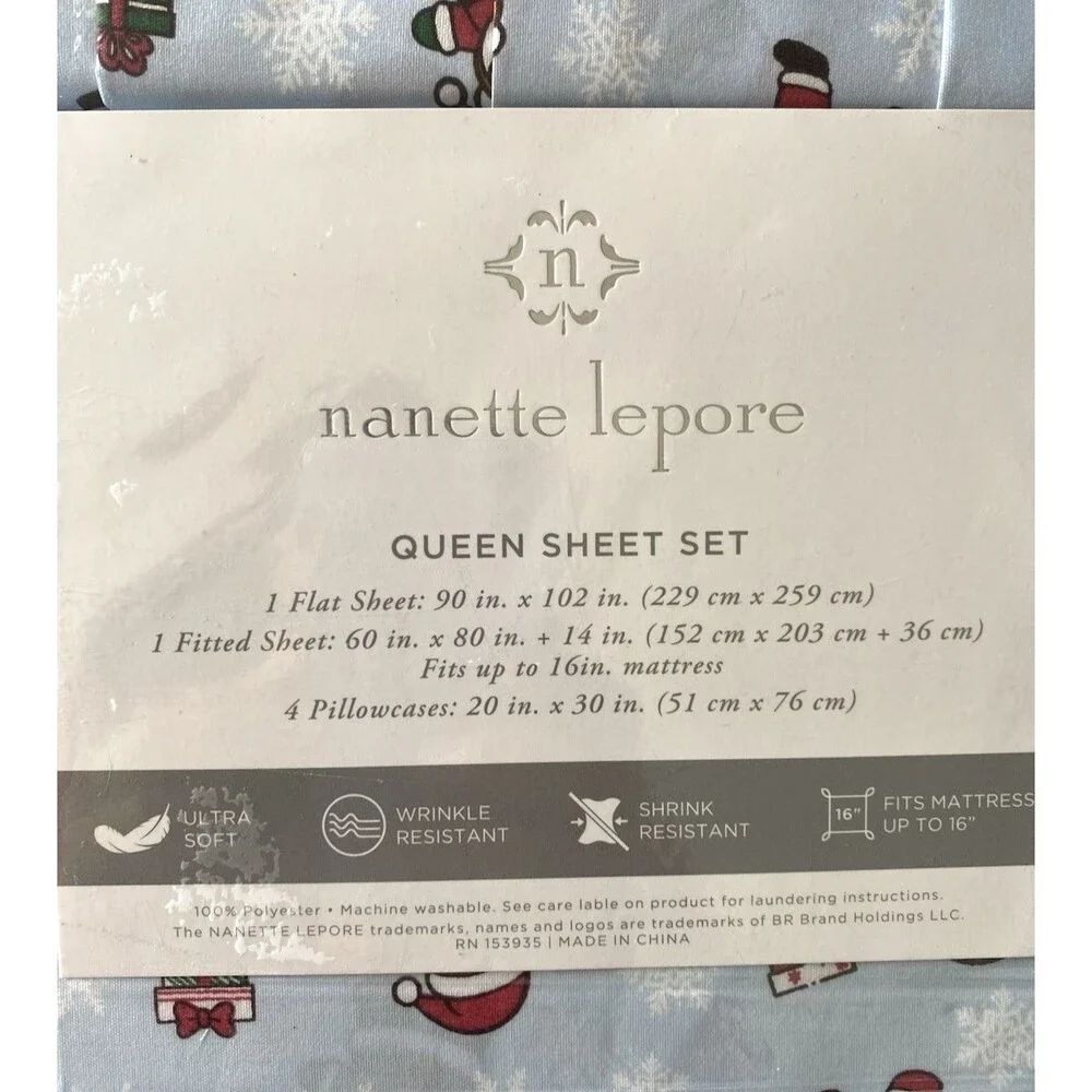Nanette Lepore Queen Christmas Sheet Set 6-Piece Santa Holiday Bedding